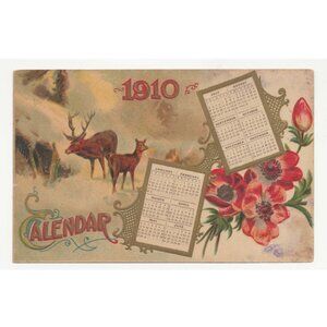 Vintage 1910 New Year's Postcard - Calendar and Deer - Embossed, Not Posted